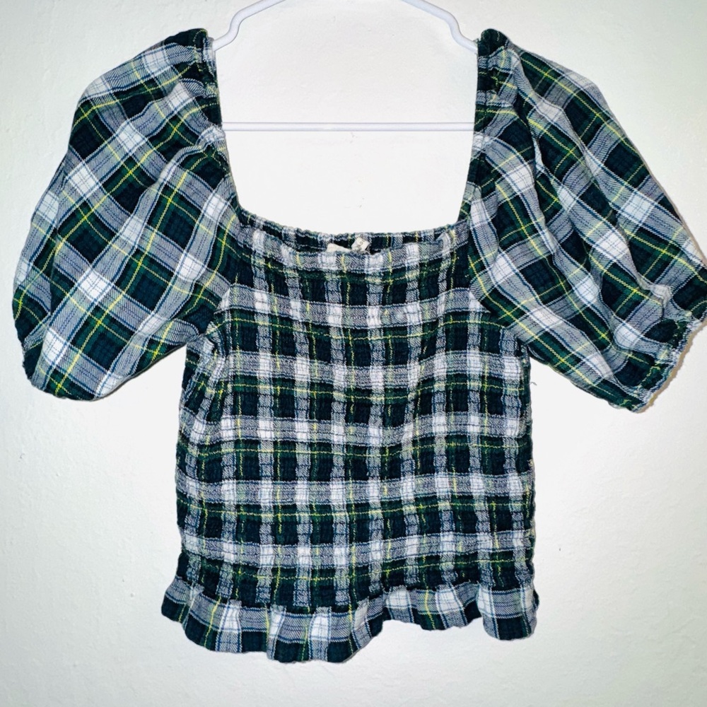 American eagle Plaid Puff Sleeve Top